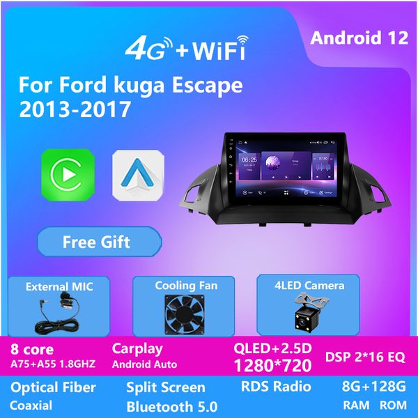 Sistema de navegação por vídeo de carro Android de 10 polegadas para Ford Kuga 2013-2017 com Bluetooth Player WiFi 4G WiFi DSP 128G