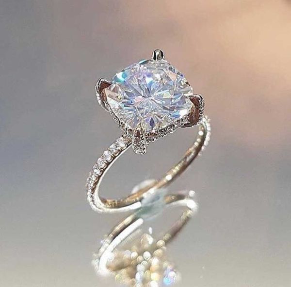 Anelli a grappolo Quattro veri anelli in argento sterling massiccio 925 con diamante taglio cuscino da 2 ct, topazio fine, gioielli di fidanzamento di nozze per le donne
