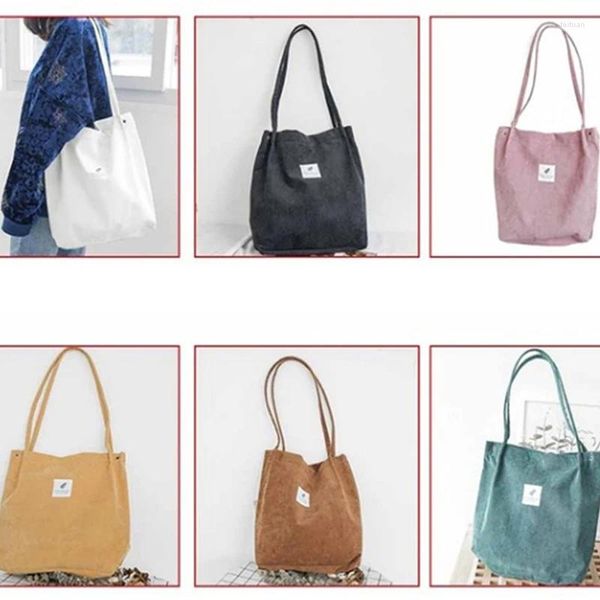 Sacos da noite 2023 Mulheres Corduroy Shopping Bag Feminino Lona Pano Ombro Armazenamento Bolsa Reutilizável Dobrável Eco Mercearia Totes