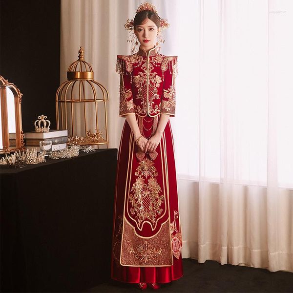 Этническая одежда невеста винтаж красный велюр Qipao Exquisite Sequin Вышивка Cheongsam в китайском стиле свадебный костюм для брачного костюма