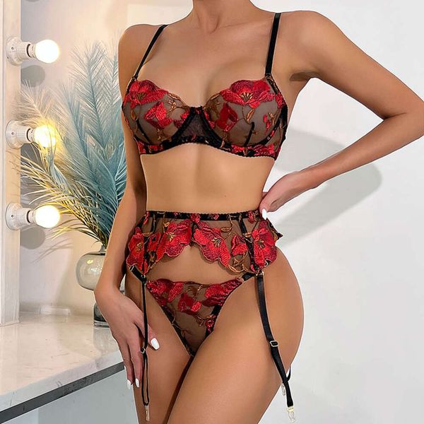 Sexy sutiã e calcinha lingerie bordado rendas roupa interior feminina transparente erótico breve conjunto íntimos trajes porno