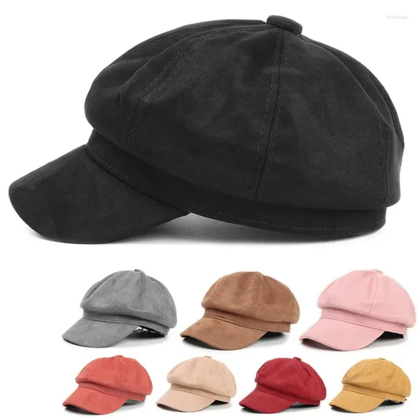 Berets moda cor sólida meninas chapéu octogonal vintage camurça boina ajustável 8 cores abóbora spaper meninos artista 54-59cm