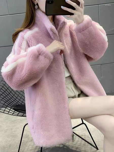 Felpa con zip finta stile coreano con arrivo in pelliccia da donna per donna pigra casual con cappotto comodo con cerniera color block