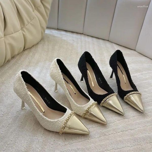 Scarpe eleganti Décolleté con catena in metallo stile francese Donna Primavera oro Punta a punta Tacchi alti Donna Elegante mix di colori Tacco sottile Party