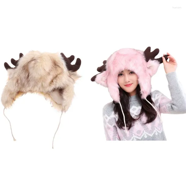 Berets Fuzzy Plush Trapper Hat Snow Ski Cap Earflap Cold Weather Antlers Earmuff