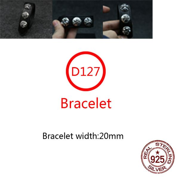 D127 S925 Bracciale in pelle di vacchetta in argento sterling Hip Hop Street Fashion Coppia gioielli Stile punk Solido Croce Fiore Stella Barca Ancora Croce Fiore Lettera Bracciale a forma di