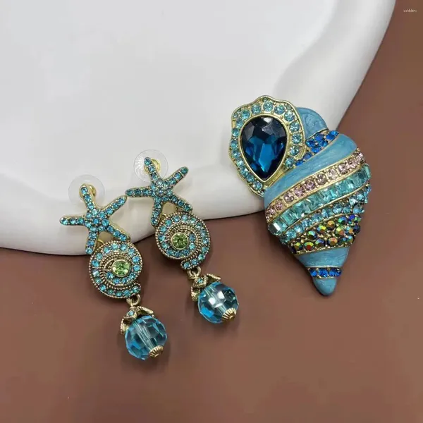 Set di orecchini e collana Combinazione di spille con conchiglia di stelle marine di tendenza artistica vintage in stile oceano blu