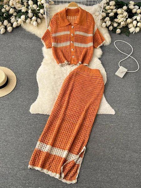 Vestidos de trabalho coreano primavera verão férias estilo malha twi peça conjunto feminino chique oco para fora camisola cardigan longo maxi saia conjuntos