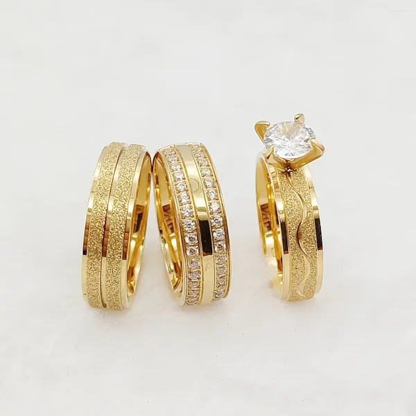 Cluster Anéis Cz Diamante 3 Pcs Valentine Casamento Noivado Conjuntos De Noiva Para Homens E Mulheres Fosco 24k Banhado A Ouro Jóias De Aço Inoxidável