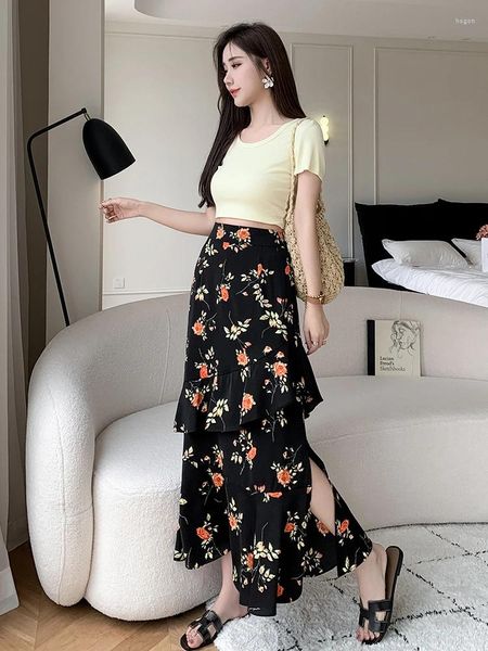 Saias floral chiffon saia longa mulheres verão 2023 estilo coreano fenda trompete feminino elegante babados férias praia faldas mujer