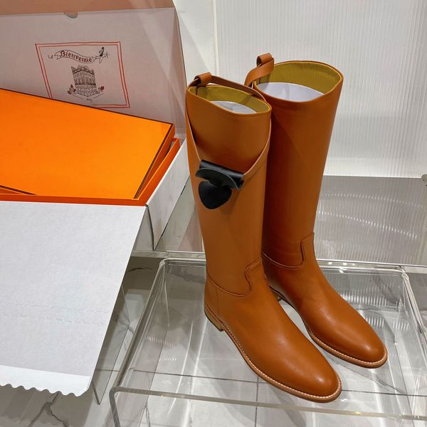 Clássico salto de couro botas de equitação cabeça redonda design confortável sapatos de salto baixo botas femininas designer fábrica laços shoebox