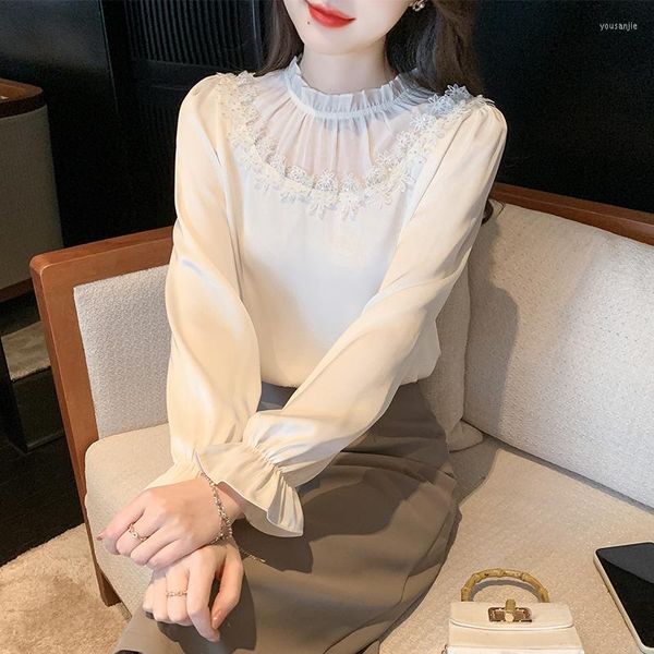 Kadın bluzları Bahar Sonbahar 2023 Zarif Şifon Kadın Koreli Gevşek Kazık Vintage Beyaz Gömlek Ofis Giyim İşi resmi Tops