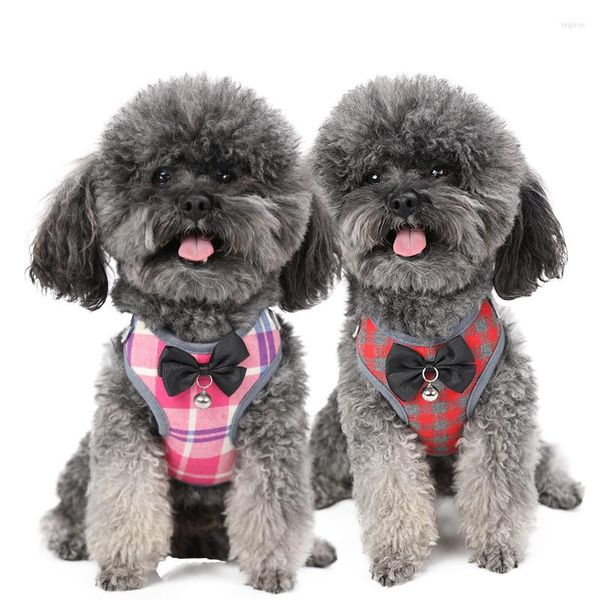 Colliers pour chiens Gentleman Mesh Robe de soirée à carreaux respirante Harnais pour chat Conception d'arc Mignon Poitrine Dos Traction Corde Produits pour animaux de compagnie