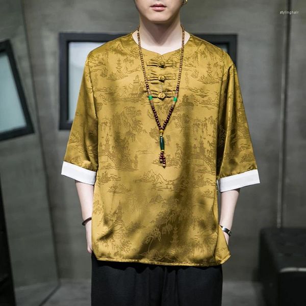 Этническая одежда, мужской костюм Тай Чи, верхняя футболка, летний китайский стиль, костюм Тан из ледяного шелка, Ханфу, мужской повседневный костюм больших размеров с принтом