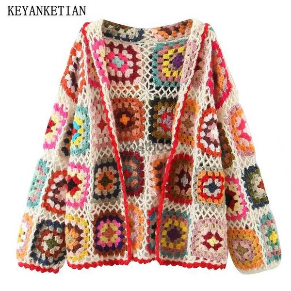 Kadın Sweaters Keyanketian Sonbahar Yeni İçi Boş Out Hook Çiçek Renk Örgü Hardigan Bayanlar bohem tarzı gevşek el yapımı kazak üst taze yq231107