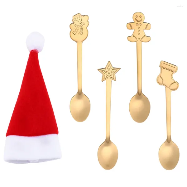 Colheres 5 pcs Conjunto de Natal criativo dos desenhos animados de aço inoxidável com saco de talheres para restaurante em casa (4 chá dourado