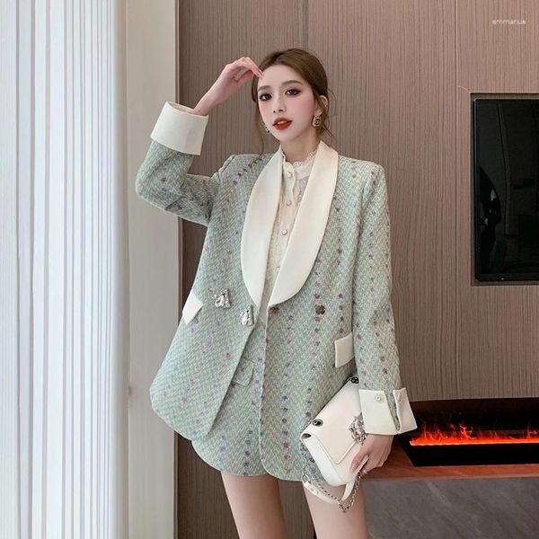 Calças femininas de duas peças 2023 outono de alta qualidade moda colorblock lantejoulas blazer mulheres v pescoço manga longa diamantes botão top shorts 2 conjunto