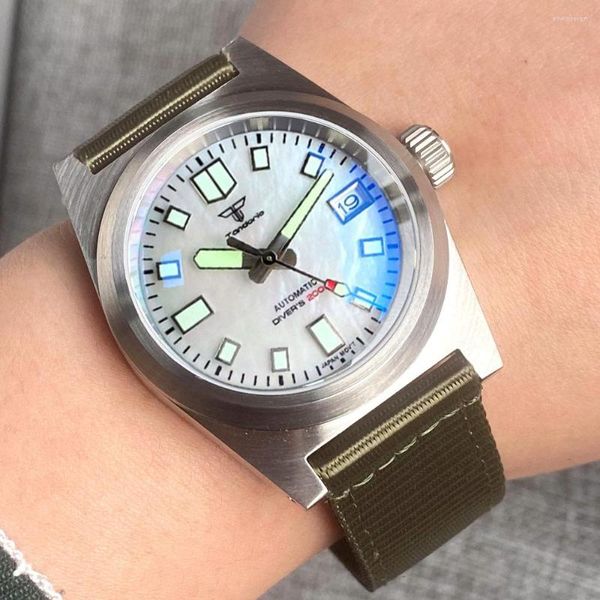Relógios de pulso Tandorio MOP Dial 200m Dive Automático Relógio Men Steel 62MAS Relógio Militar de Relógio Militar Green Sapphire