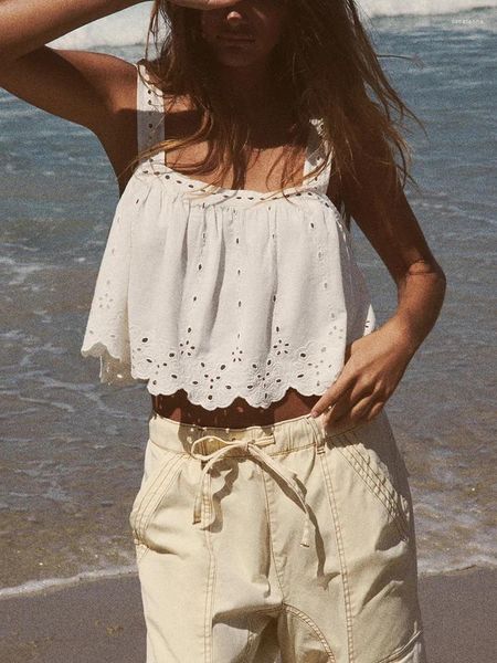 Tanques femininos tops de verão para mulheres praia a céu aberto bordado colheita top camisola recortada bainha sem mangas alça larga linho casual branco