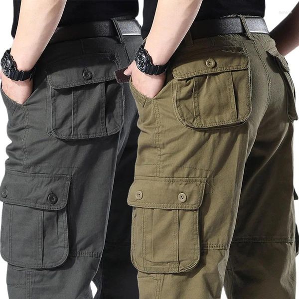 Calças masculinas macacão carga casual algodão multi bolso baggy militar exército trabalho streetwear calças retas calças compridas