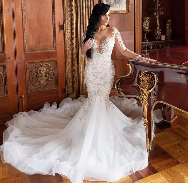 Vestido de noiva árabe luxuoso mérito de pescoço puro de mangas compridas vestidos de noiva de cristal 2023 vestidos de noiva mariee