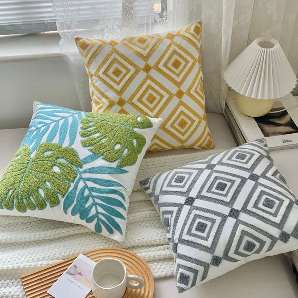 Bordado lance travesseiro cobre 18x1 8 Polegada decoração de casa folha tropical palma padrão capa travesseiro para sofá planta monstera folha protetor