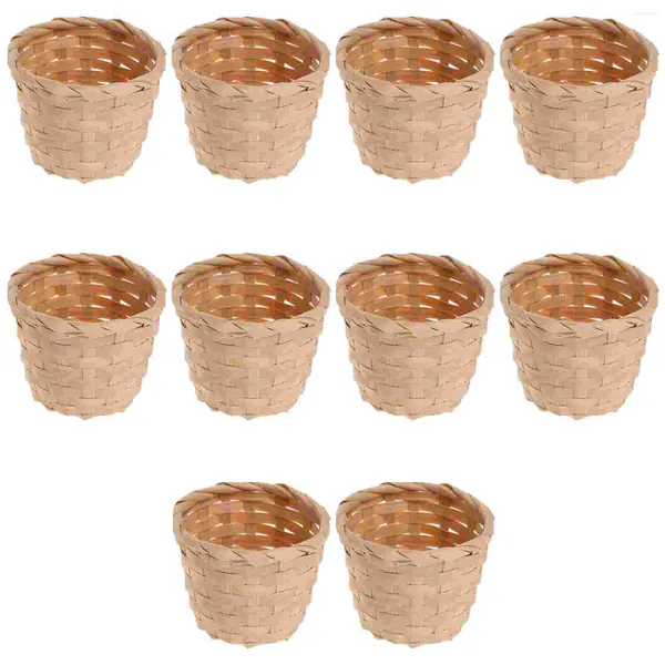 Set di stoviglie 10 pezzi Mini cesto di fiori in bambù Intrecciato a mano Decorazioni per la casa rustiche Portaoggetti per frutta grande Supporto in legno Piante artificiali per ufficio