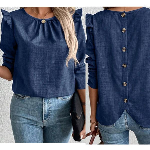 Blusas femininas moda manga voadora camisa feminina blusa 2023 outono casual o pescoço ruched voltar botões longo simples senhoras elegante