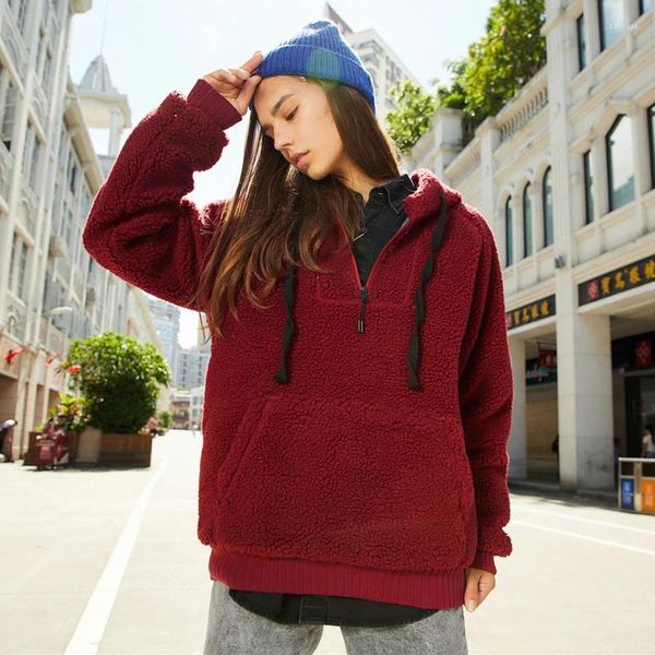 Kadın Hoodies Ymwmhu Şarap Kırmızı Sıcak Polar Katı Kalın Kış Bayanlar Kapüşonlu Sweatshirtler Gevşek Gündelik Büyük Boy Kıyafetler