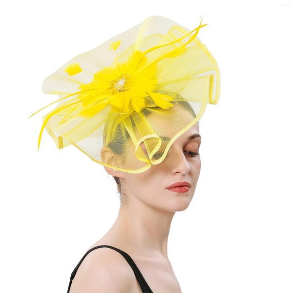 Accessori per capelli 2023 Moda Maglia Fascinators Cappello Donna Matrimonio Cocktail Tea Party Fiore solido Fascinator di piume Clip per copricapo