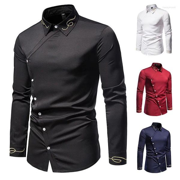 Camisas casuais masculinas 2023 moda tendência bordada assimétrica camisa de manga comprida jeans ocidental