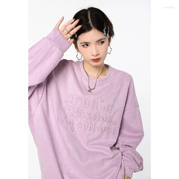 Hoodies femininos coreano roxo tripulação baggy moletom feminino inverno outono moda carta bordado harajuku mangas compridas pulôver senhoras 2023