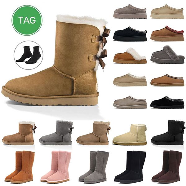 Ugglie Boot Designer Botas Quentes Clássicas Mulheres Mini Meia Bota de Neve Inverno Pele Cheia Fofa Peluda Cetim Tornozelo Castanha Ug Boot Tasman Slipper Booties Sobre o Joelho