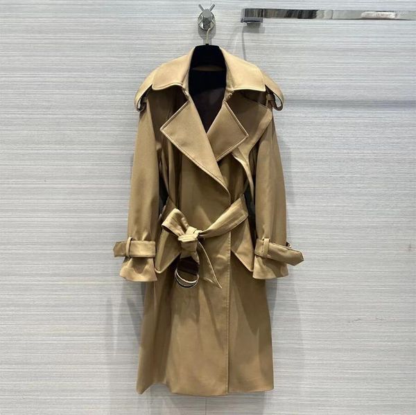 Damen-Trenchmäntel, Herbst-Mode-Design, Umlegekragen, goldfarbene verdeckte Knöpfe, lange Ärmel, Khaki, Streetwear-Mantel für Damen mit Gürtel