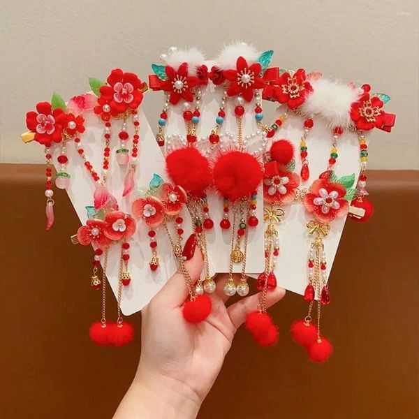 Acessórios de cabelo de pelúcia crianças vermelho hairpin all-match flor borla estilo antigo bebê headwear bowknot hanfu varas