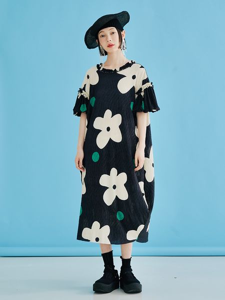 Vestidos casuais imakokoni original solto grande vestido de flor verão feminino manga curta casual designer vestidos de babados para mulheres 223702 230406
