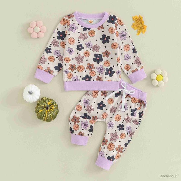 Conjuntos de roupas outono inverno fofos roupas de bebês meninas 2 peças roupas flor/abóbora estampa casual manga comprida moletom calças halloween conjunto infantil R231107