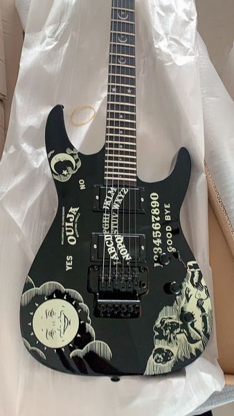 KH Ouija Black Kirk Hammett Signature E-Gitarre Reverse Headstock, Floyd Rose Tremolo, Star Moon Inlay, auf Lager, schneller Versand, China EMG Tonabnehmer