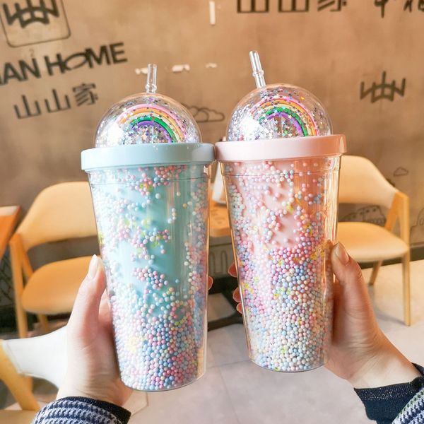 Garrafas de água desenho animado cofre de arco -íris com palha dupla bpa bpa grátis suco leite café 550 ml tambor de bebida 230407