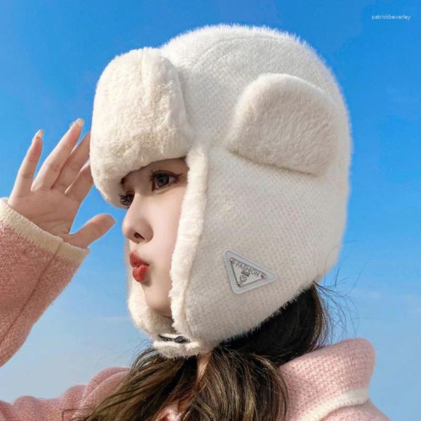 Berets Warm Und Baumwolle Bomber Winter Eimer Hut Hüte Für Frauen Golf Cap Wandern Pelz Ski Maske Gehörschutz