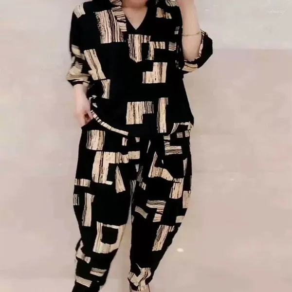Calças de duas peças femininas terno 2023 verão versão coreana solta impressão topos harem conjuntos combinando na moda roupas tamanhos grandes para mulher
