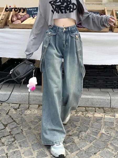 Jeans da donna Blu Donna a vita alta 2023 Autunno Button Salopette a gamba larga Pantaloni denim Pantaloni streetwear vintage a figura intera