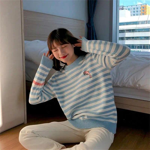 Kadın Sweaters Japon Kawaii Ulzzang College Rüzgar Sevimli Karikatür Dolphin Sweater Kadınlar için Koreli Koreli Kıyafet