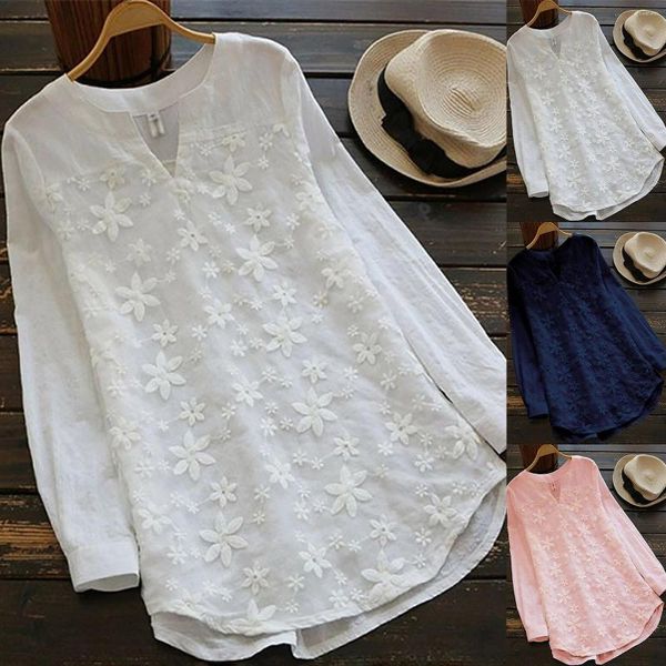 Camicette da donna Taglie forti Manica lunga con volant Top Camicetta da donna vintage ricamata Camicia casual con scollo a V in cotone e lino Blusas Femininas Camicia bianca