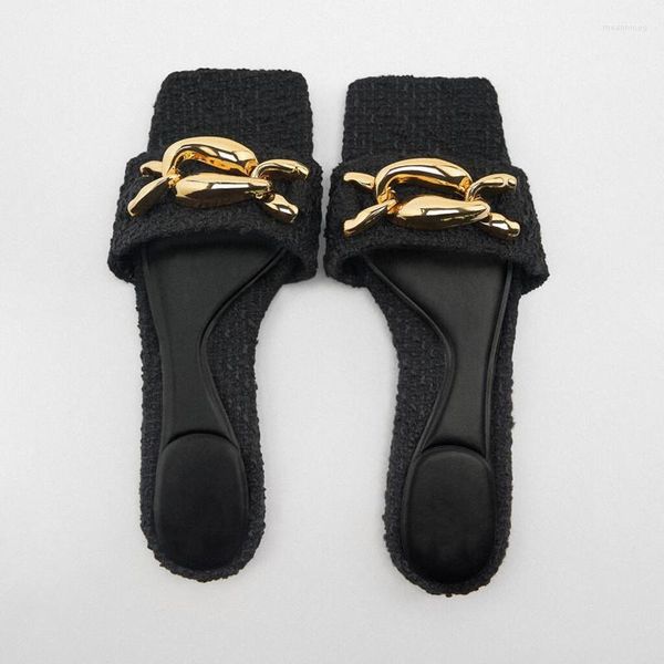 Sandalen Schwarz Wohnungen mit Kette Frauen Elegante Tweed Hausschuhe Mode Karree Flache Schuhe Frau Herbst Komfort Lässig