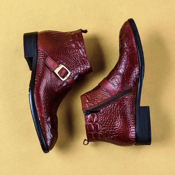 Botas de luxo moda masculina crocodilo impressão genuína couro tornozelo duplo monge cinta zíper homens vestido sapatos básicos