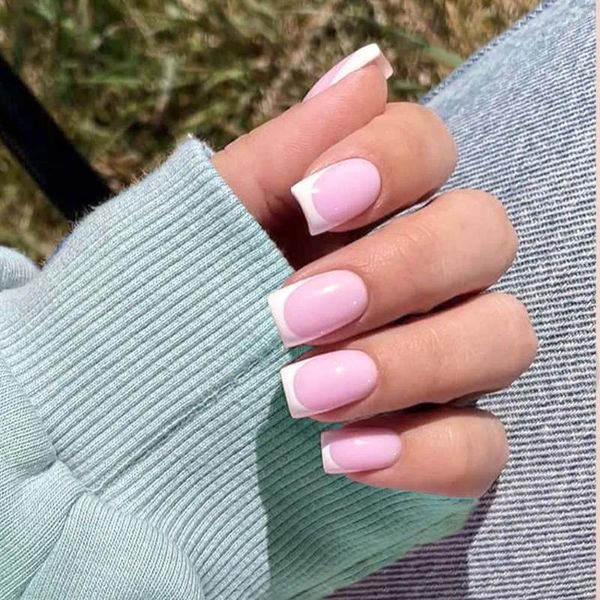 Unhas Falsas Azul Simples Long Square Nail Tips Borda Branca Cobertura Completa Falso Nials Mulheres Meninas