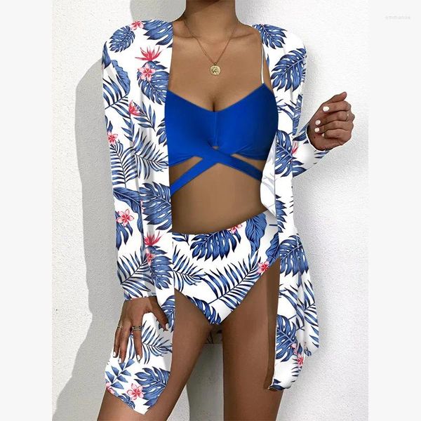 Mulheres de banho três peças bikini maiô cobrir mulheres cruz 2023 impressão tropical brasileiro biquini praia maiô verão