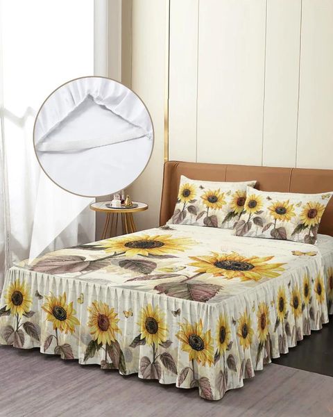 Bettrock, Vintage-Blumen, Schmetterlinge, Sonnenblumen, elastisch, Spannbettdecke mit Kissenbezügen, Matratzenbezug, Bettwäsche-Set