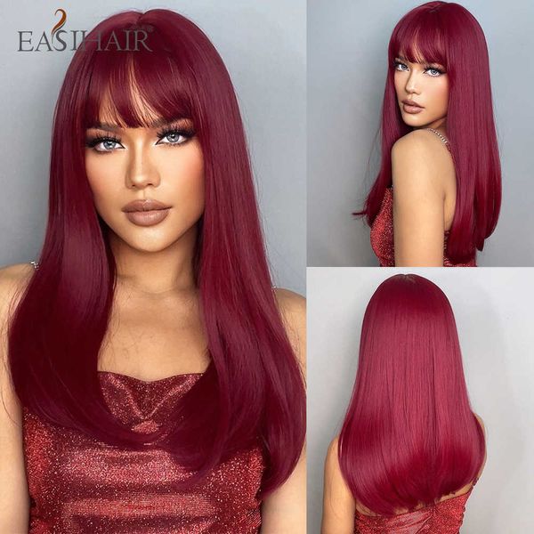 Sentetik peruklar easihair uzun kırmızı şarap bordo karanlık düz sentetik peruk kadın cosplay doğal saça dayanıklı 230227